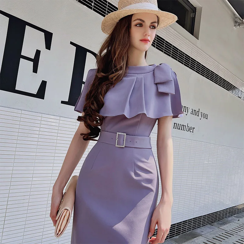 Dabuwawa Office Belt Women Dress Elegant Ruffle Neck Midi Vestidos Female Sleeveless Slim Fitted Dresses Ladies DF1BDR106