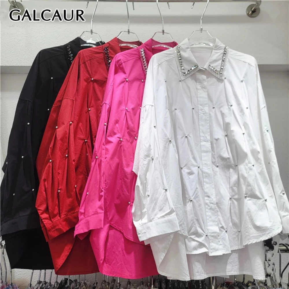 Galcaur sólido emendado contas camisa casual feminino lapela manga longa solta luz de luxo camisas femininas outono moda roupas novas