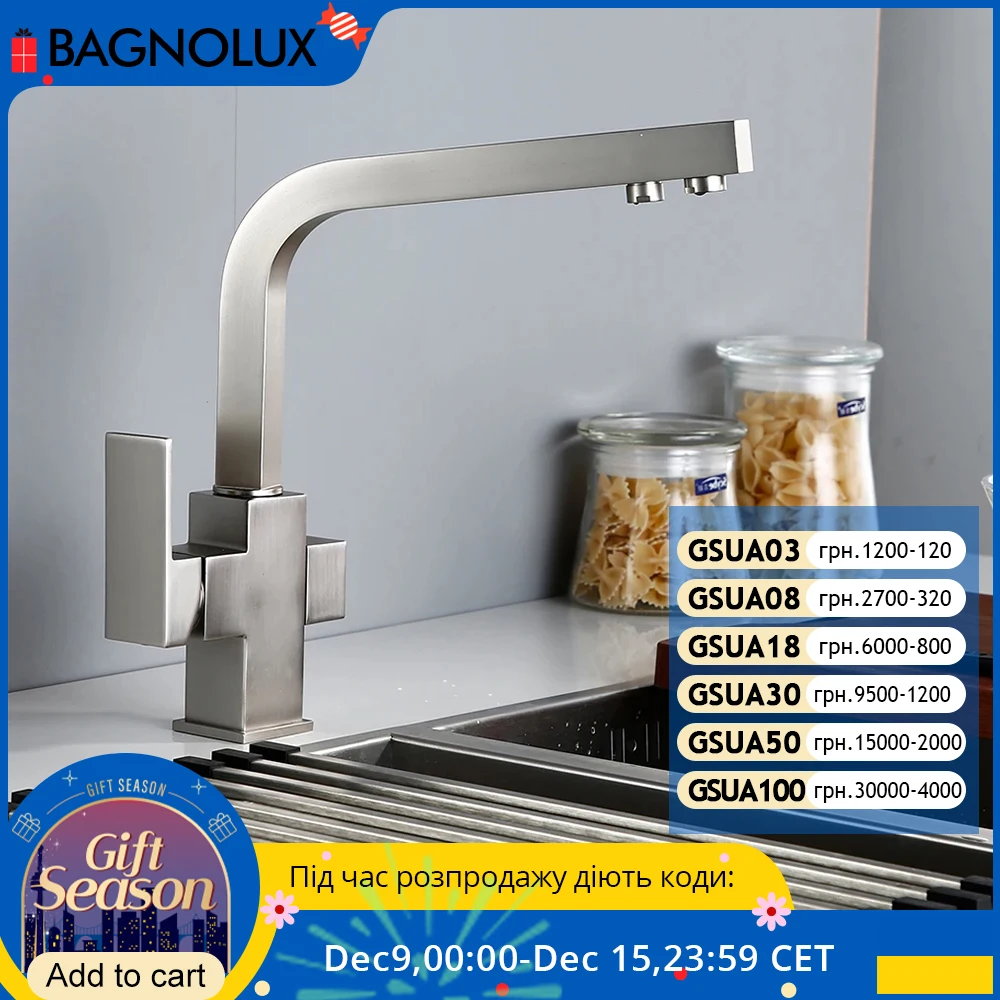 Bagnolux Rubinetti Della Cucina In Acciaio Inox Spazzolato Solido In Ottone 3 Vie Acqua Filtro del Rubinetto Rotazione di 360 Gradi di Acqua