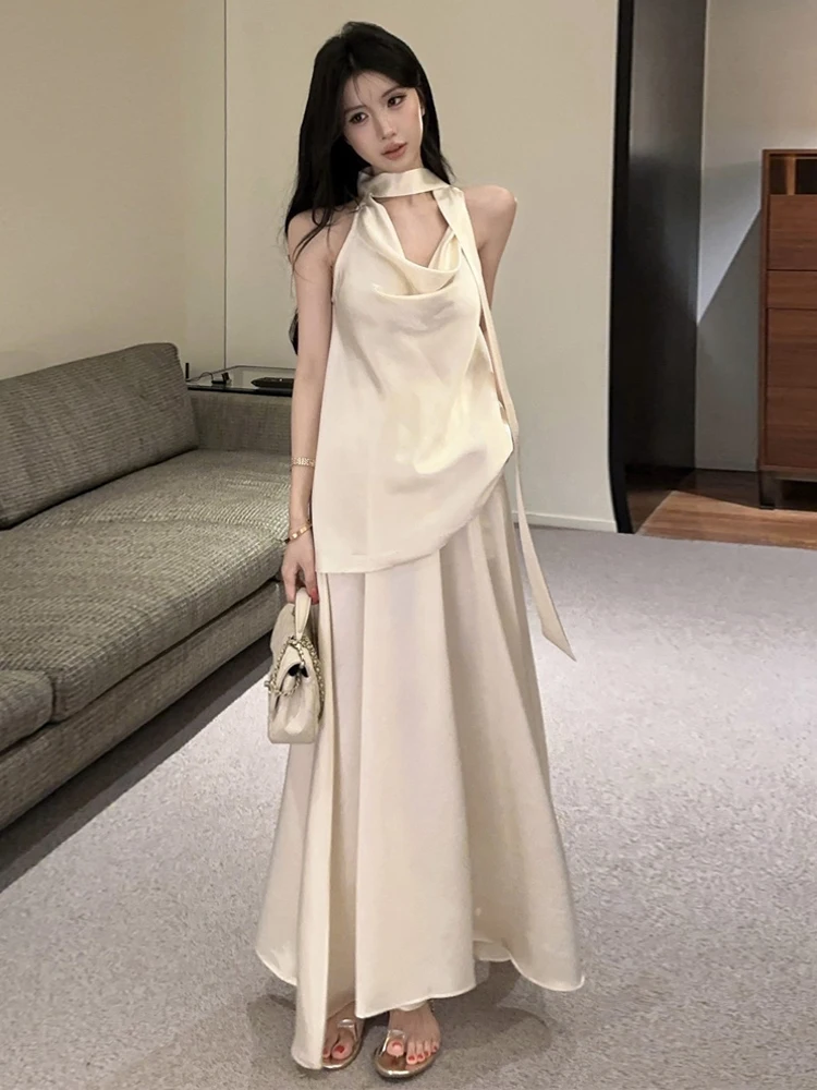 

Elegant Knot Silk Surface Sleeveless Vest Loose A-Line Slimming Half-length Skirt Two-piece Set for Commuting