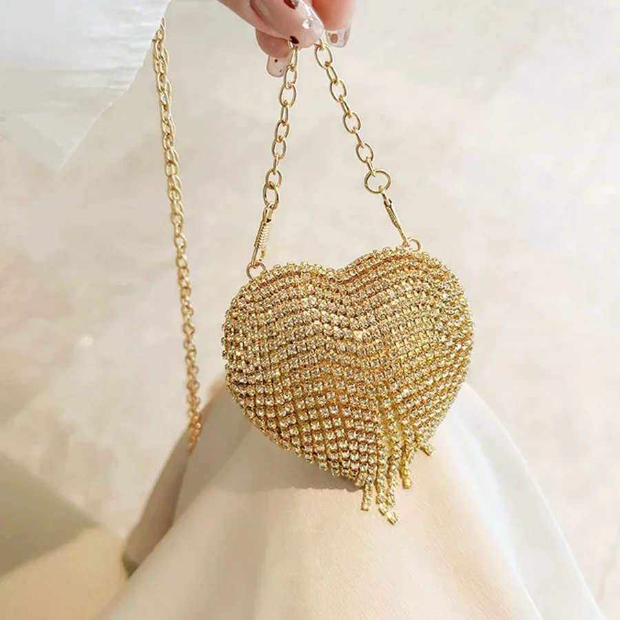 Fashion Full Diamond Tassel Dinner Bags for Women High Quality Heart Shaped Shoulder Bag  Designer Lipstick Bag Accessory Bag