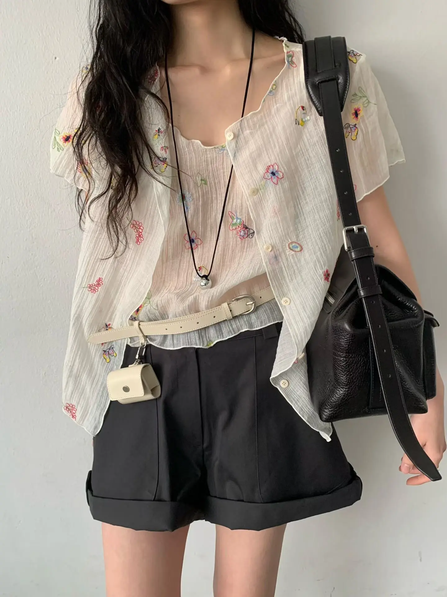 

Murmur Summer 2026 Embroidered See-through Short Sleeve Women's Top French Style Loose Fit Gathered V-neck Polyester...