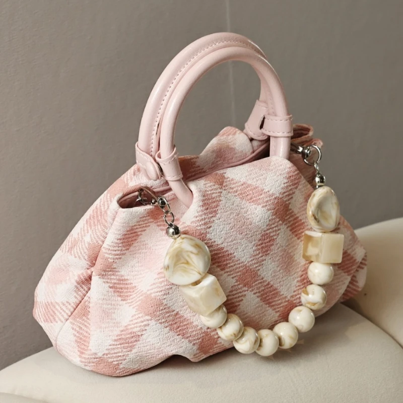 Trend Pink Checkered Pattern Women's Pleated Pu Leather Handbag Fashion Beading Cloud Shaped Bag Lady's Daily Commuting Bag
