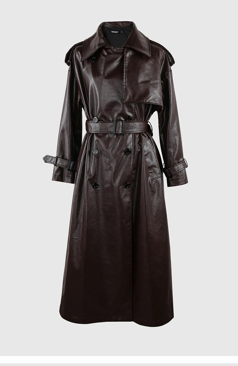 Nerazzurri Spring Autumn Long Oversized Black Pu Leather Trench Coat for Women Belt Double Breasted Loose Casual Korean Fashion