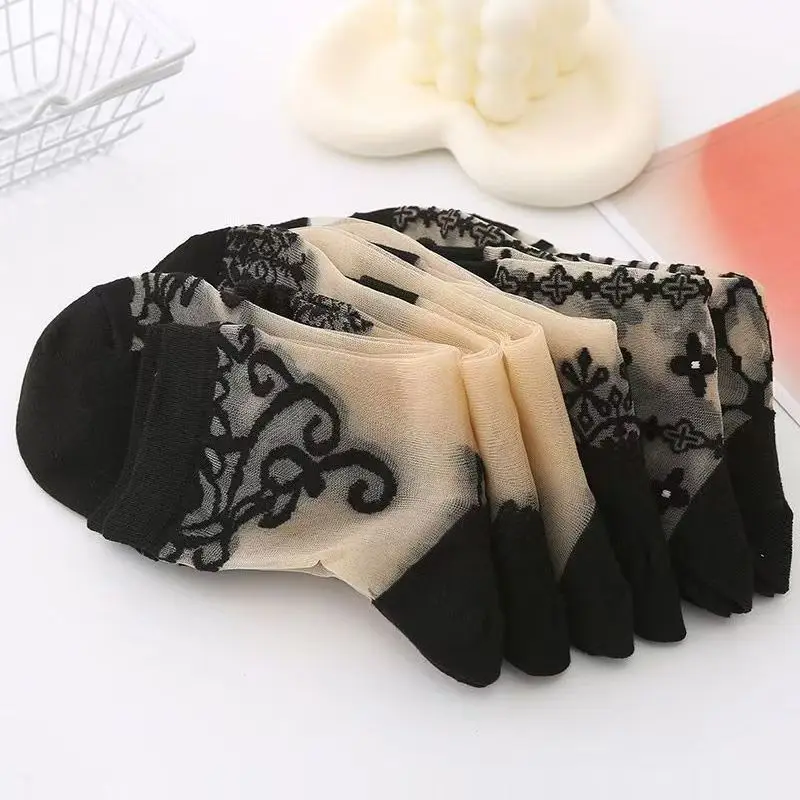 5 Paar Damen-Socken mit Spitze, mittellang, mit Kristallen, Retro-Blumenmuster, für den Sommer, leicht, verschleißfest, atmungsaktiv, Freizeitsocken