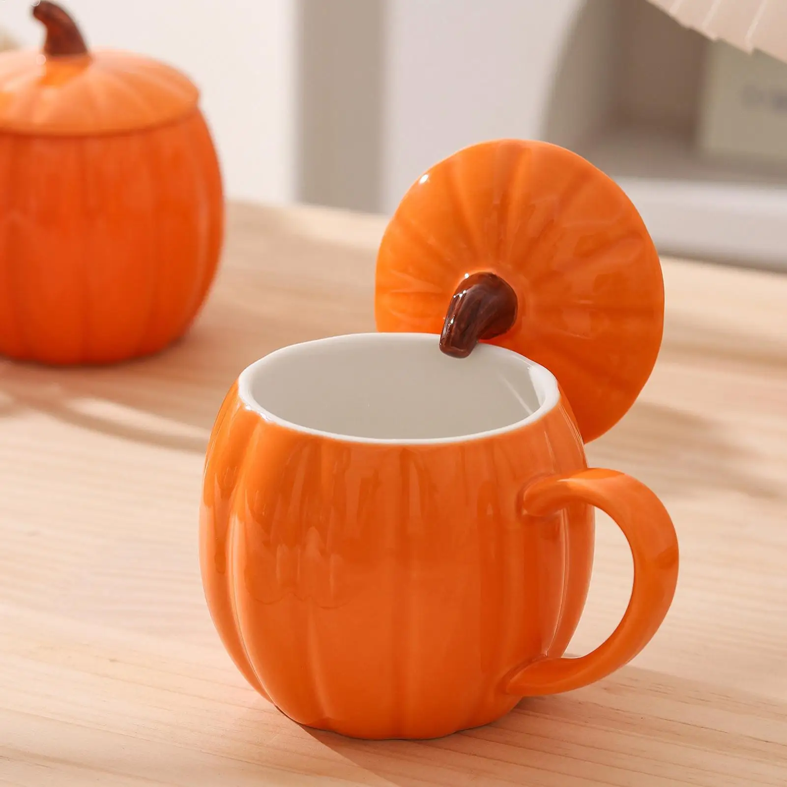 Cute Pumpkin Ceramic Mug with Lid Coffee Water Milk Oatmeal Cup Gift for Christmas Halloween Easter Kids Breakfast Cup