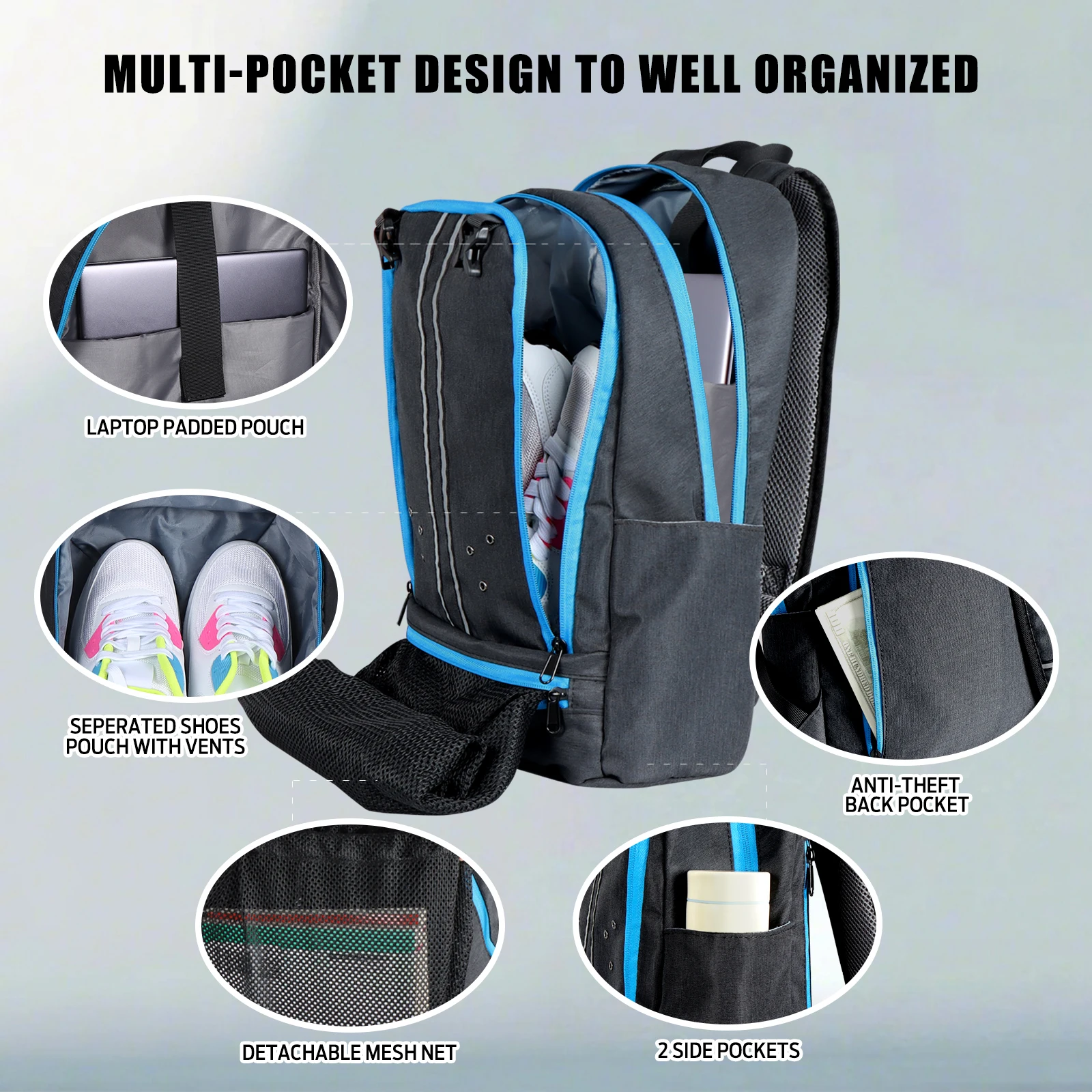 カスタマイズ可能な大容量防水スポーツバックパック、人間工学に基づいた背面デザイン、折りたたみ式メッシュボールポケット、通気性のあるシューズコンパートメント