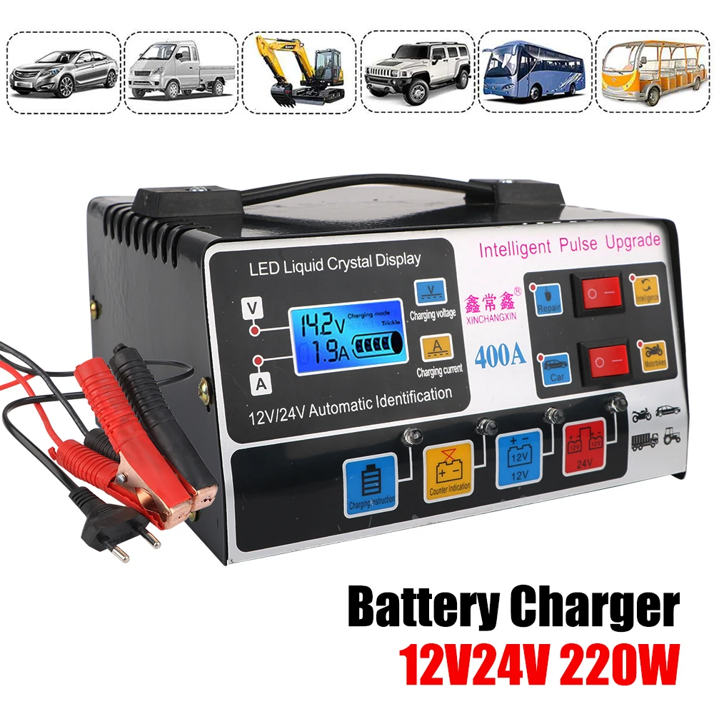 

Fully Automatic High Frequency Pulse Repair Car Battery Charger EU Plug LCD Display 12V/24V 220W High Power