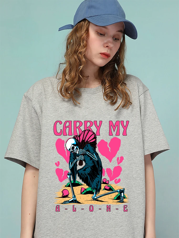 Skeleton Carry The Broken Heart Alone Female T-Shirt Loose T-Shirt 100% Cotton Hip Hop Streetwear Breathable Oversized Tshirt