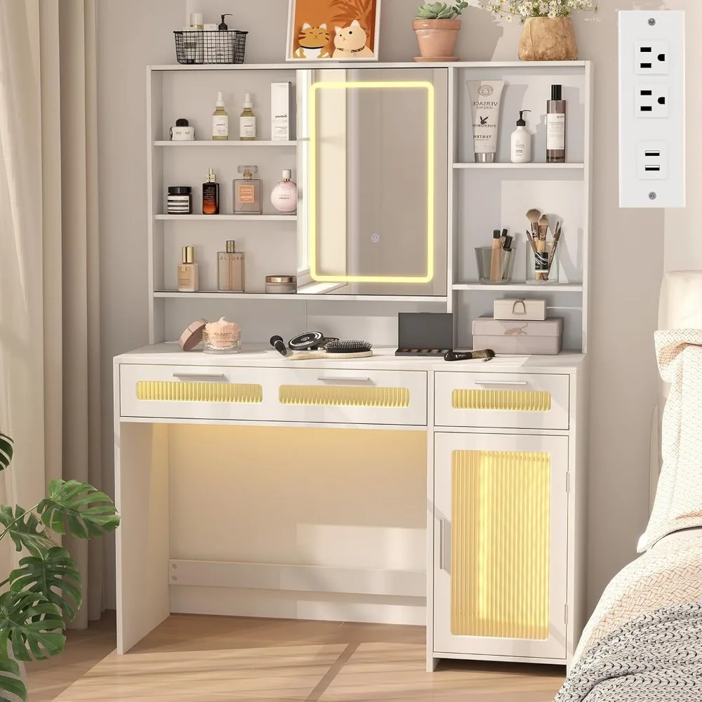 

White Dressing Table with Mirror and Light,LED Dressing Table with Power Socket,dressing Table with 2 Drawers,10 Storage Shelves