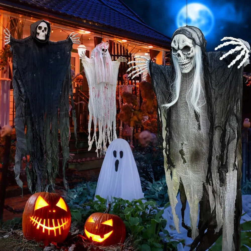 50inch Halloween Hanging Ghost Decorations Outdoor Indoor, Scary Grim Reaper Skeleton Decorations, Creepy Skull Ghost for Party