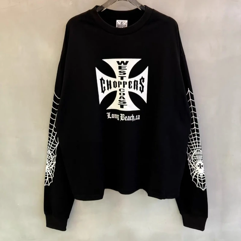 Spider Web Printing West Coast Choppers Black Sweatshirts Men Women Pure Cotton Casual Oversized Long Sleeve T-Shirts