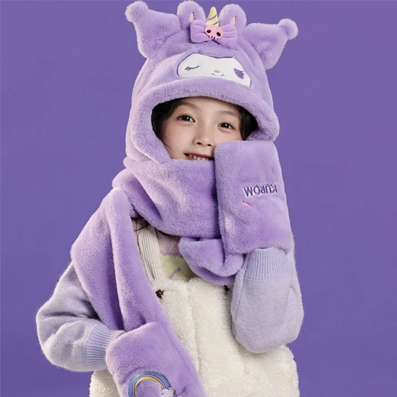 Miniso Kuromi Winter Children Hat Scarf Gloves 3 In 1 Kid Three-Piece Cap Kindergarden Student Girls pupil Head Neck Warmer Gift