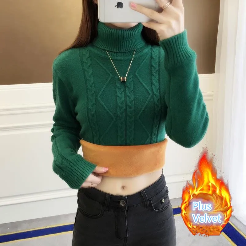 Fdfklak-سترة نسائية محبوكة بياقة دائرية وأكمام طويلة ، بلوفر أحادي اللون قاع ، سترة غير رسمية من الصوف المبطن ، خريف