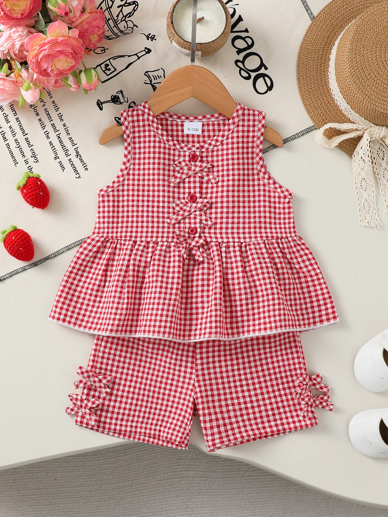 Infant Baby Girl Summer 2Pcs Outfit Red Cute Plaid Sleeveless Peplum Top Bow +Shorts for 0-3Y Newborn Casual Sweet Clothes Set