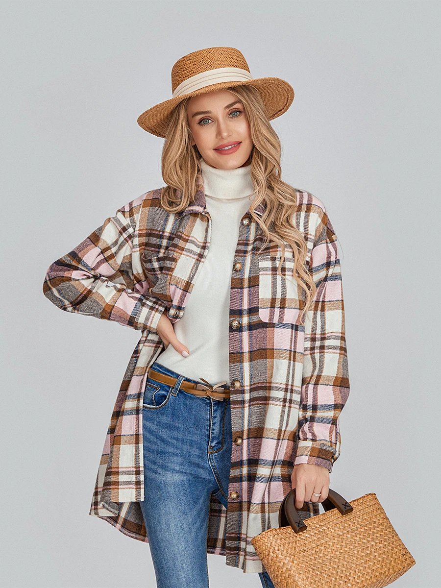 

Women’s Plaid Print Shacket Jacket Long Sleeve Lapel Button Down Casual Flannel Coat