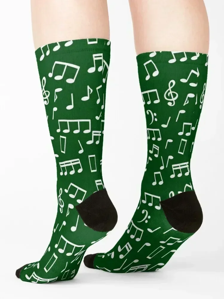 White Music Notes on Green Background Socks Rugby custom Sports aesthetic Socks Men Women's