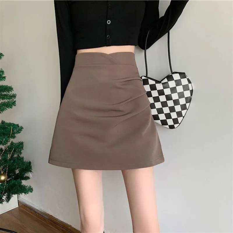 Thin Solid Color Pleated Skirt Women High Waist A-line Office Lady Skirts Korean Style Summer New Versatile Elegant Skirt Female