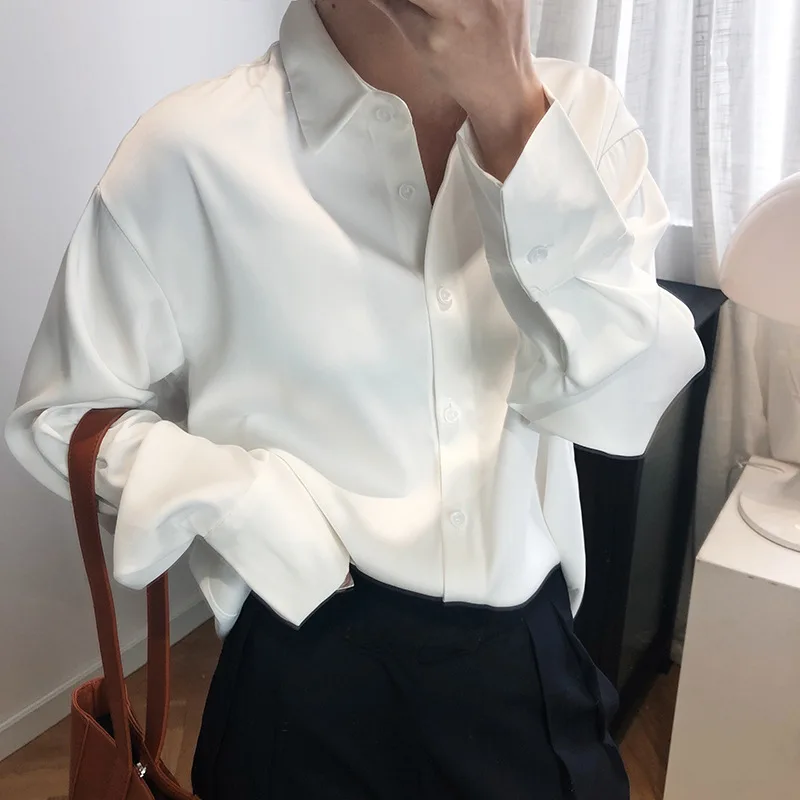 

Elegant Women Shirts 2022 Summer New Office Lady Korean Fashion Plaid Satin Blouse Comfy Loose Casual Tops High End White Blusas