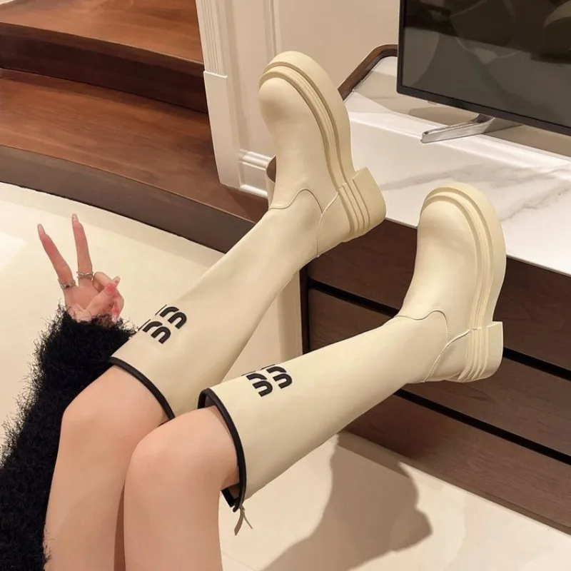 Women\'s Autumn New Simple Solid Color Thick Bottom Heightening Fashion Boots Luxury Metal  Zipper Designer Banquet Women\'s Boots