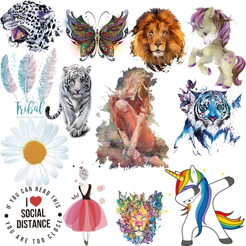 Animals Tiger Lion Unicorn Butterfly Heat Transfer Stickers on Clothes Iron on Sexy Girls Patches for Clothing Flowers Parches