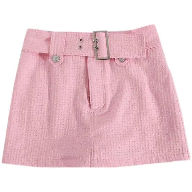 Skirt With Belt Pink High-Waisted Slim-Fitting Hip-Covering Women Waist Slimming Sweet Versatile A-Line Short Skirt For Summer