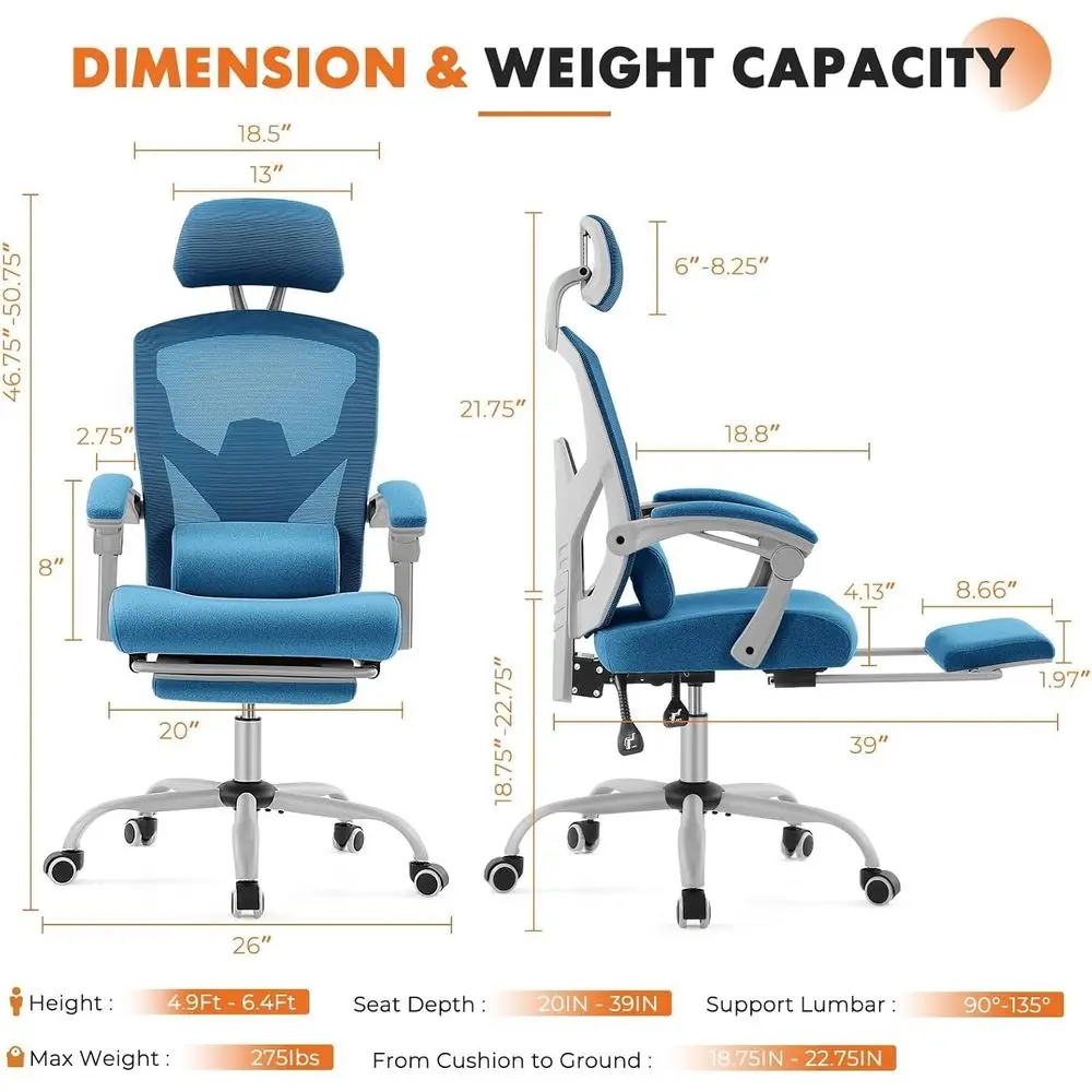 كرسي مكتب منزلي مع مسند للقدمين، كراسي دوارة شبكية عالية الظهر مع عجلات، مسند رأس مريح، قطني S #3