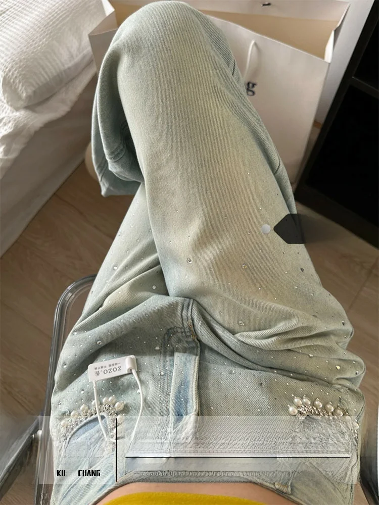 

Джинсовые брюки большого размера со стразами в стиле ретро, женские осенне-зимние прямые свободные широкие брюки с высокой талией, дизайн ket Beads