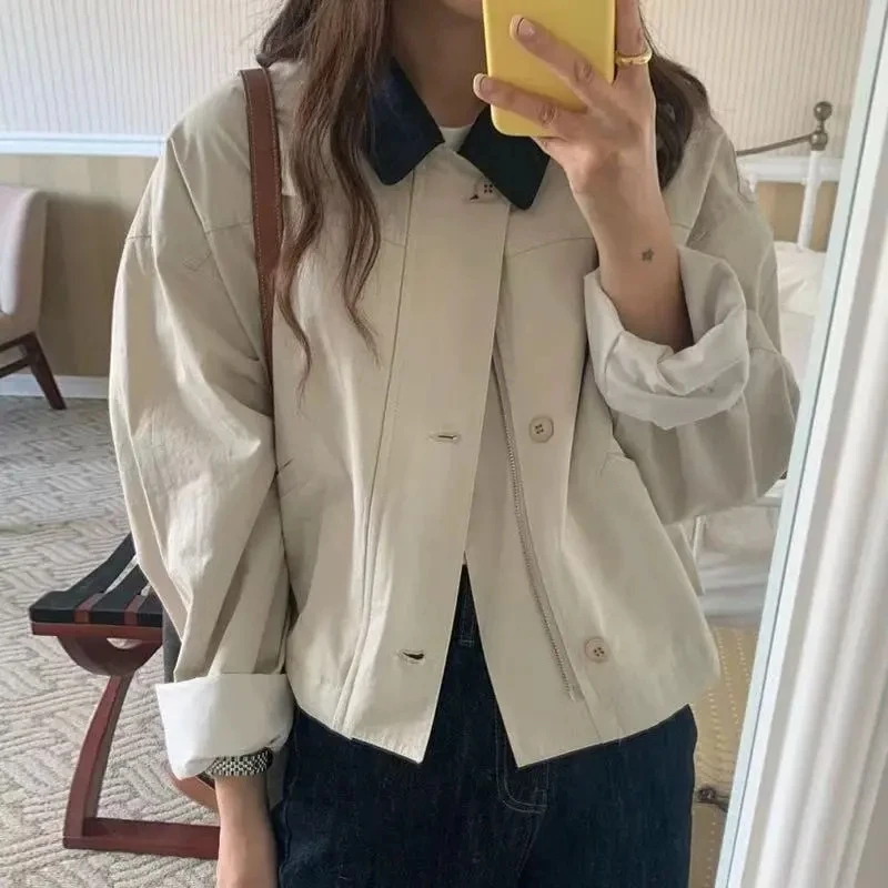 Retro Style Women's Long Sleeve Workwear Jacket Short Outerwear Loose Fit Contrast Color Collar Stand up Spring Autumn New Ar...