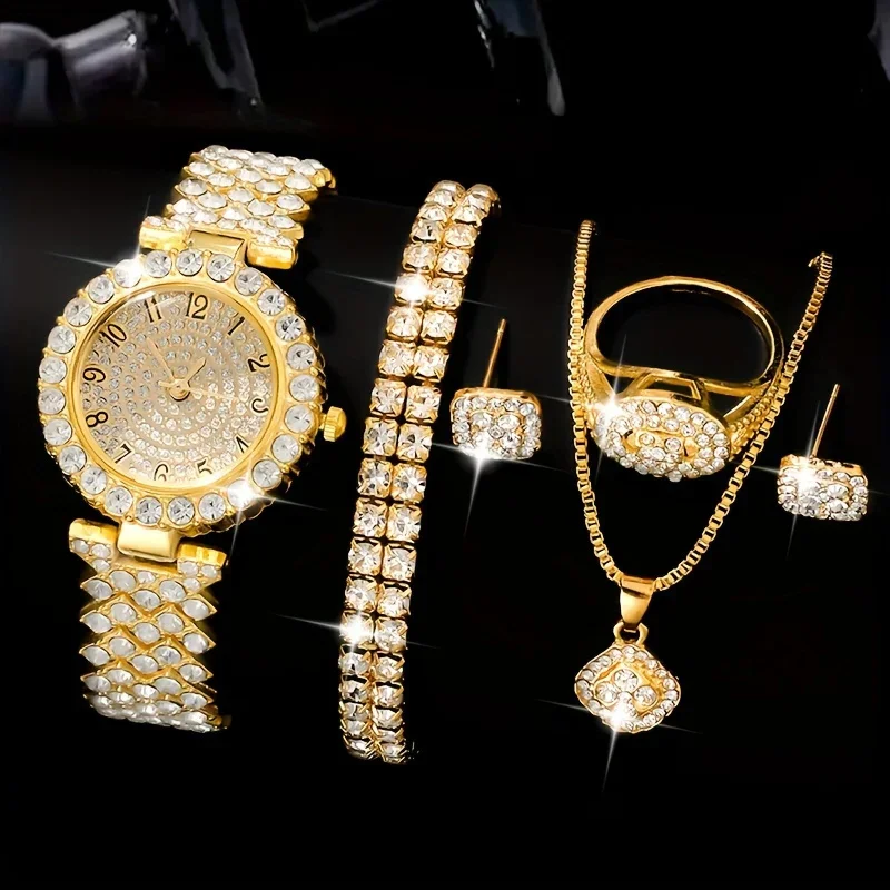 6pcs/set Women\'s Watch Luxury Rhinestone Quartz Watch Golden Fashion Analog Wrist Watch & Jewelry Set, Gift For Mom Her