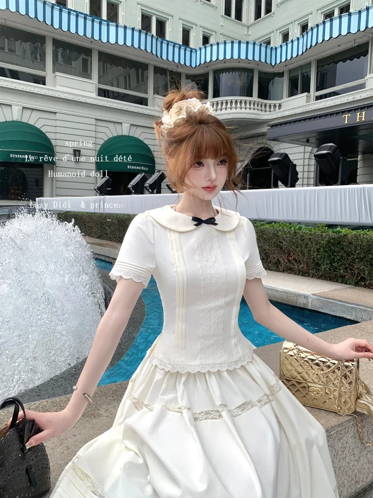 

Miu Sle Princ Cut Bubble Sve Ruffle Trim White ort Sve irt Doll Collar Breathable Polyester Cotton Blend Summe...