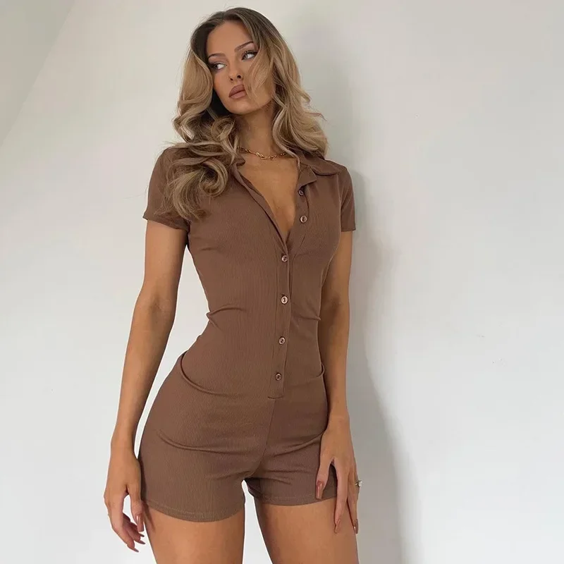 

Harajuku Women Short Jumpsuit Short Sleeve Turn-down Collar Button Closure Solid Playsuit for Party Chic Romper