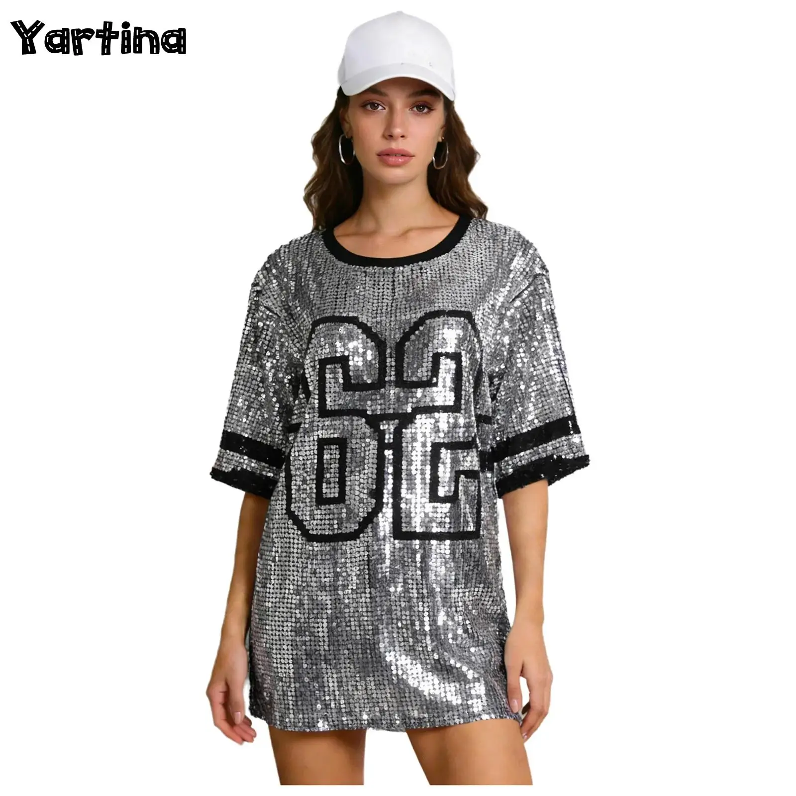 

Womens Hip Hop Jazz Dance Sporty T-shirt Allover Sequins 3/4 Sleeve Glittery Blouse Top for Club Raves Watching Ball Match