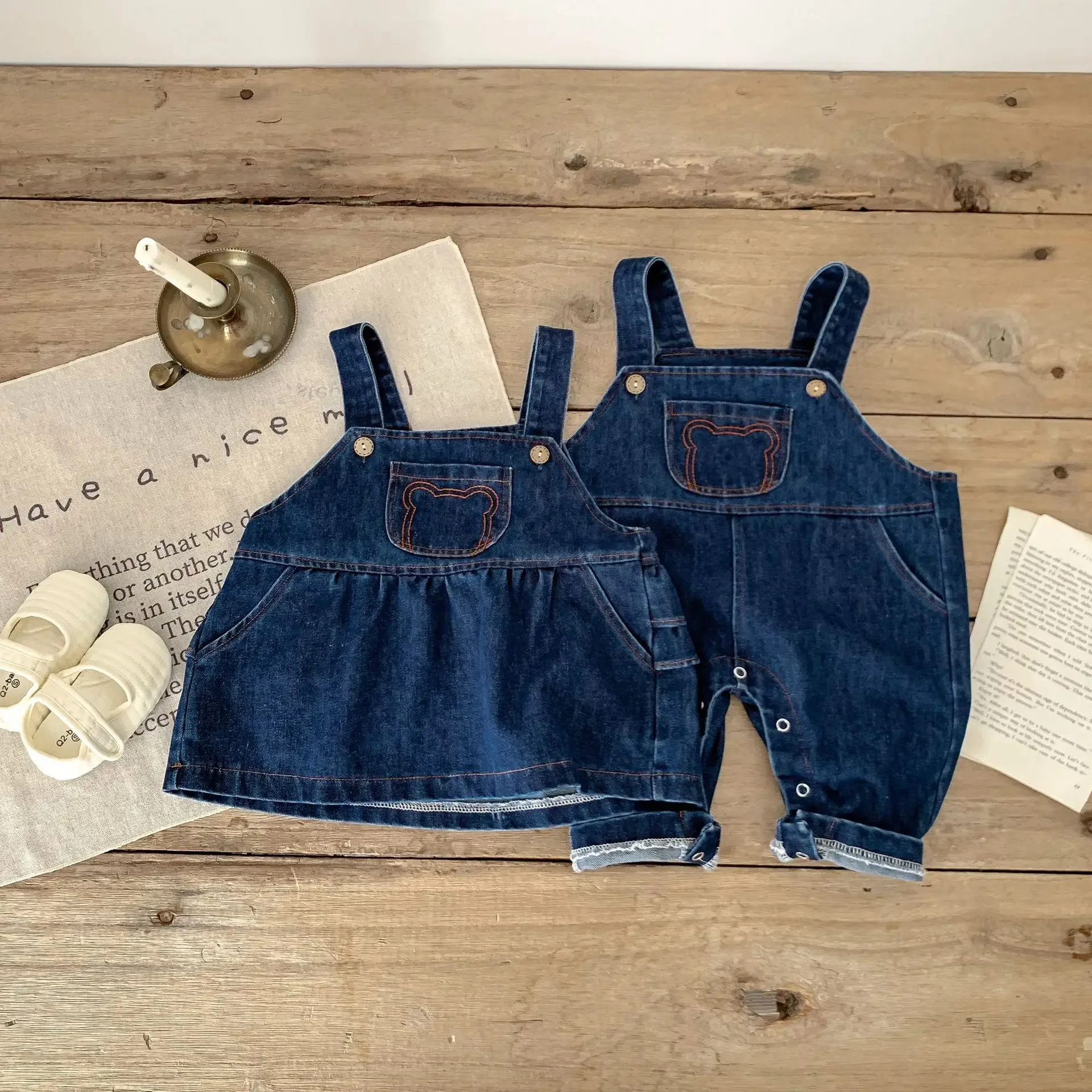 

New Baby Girls Boys Denim Overalls Denim Dress Infants Children Pure Cotton Bear Head Jeans Dress for Baby Girl