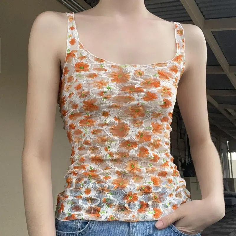 

Camisole Casual Floral Mesh Tank Tops See Through Sexy Slim Slash Neck Sleeveless Tank Tops Women 2024 Summer Fashion Streetwear