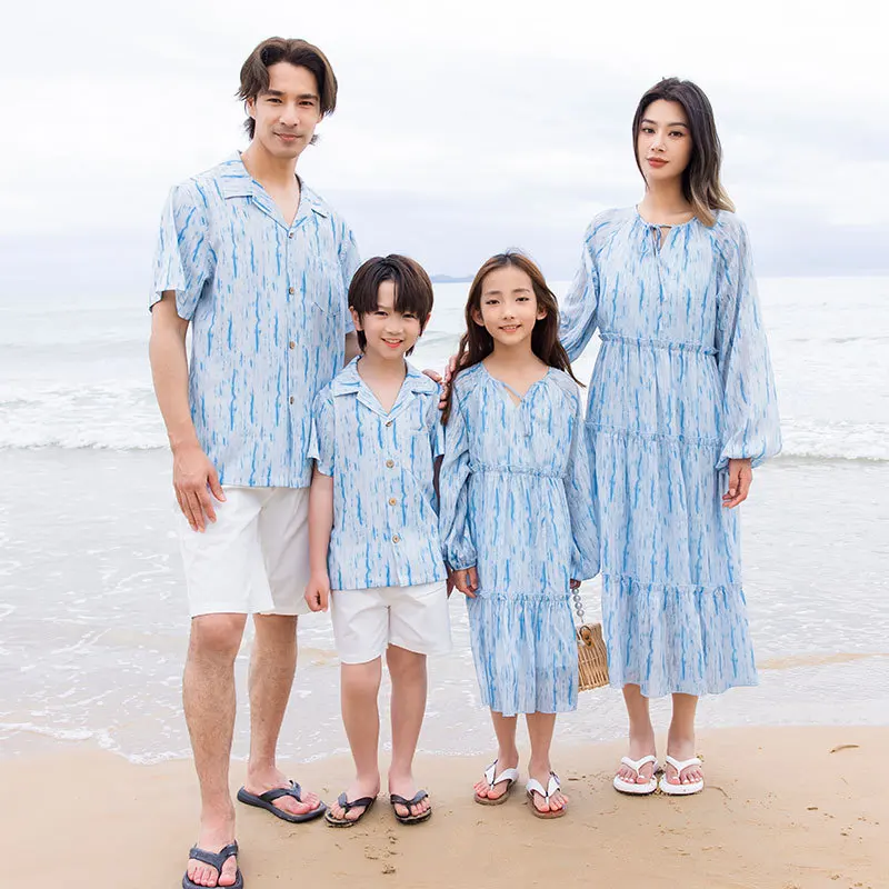 Ropa azul a juego para la familia, vestido polinesiano de manga larga como madre e hija, conjunto de camisas de papá e hijo