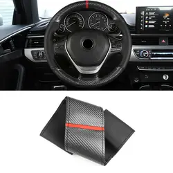 Diameter 38cm DIY Hand-stitched Black Carbon Fiber + Perforated Leather Splice - red strip Car Steering Wheel Braid Cover Trim
