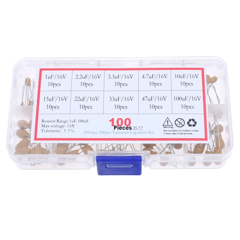 100Pcs 10Value 16V Tantalum Capacitor Assorted Kit 1uF 2.2uF 3.3uF 4.7uF 10uF 15uF 22uF 33uF 47uF 100uF Value Each 10pca