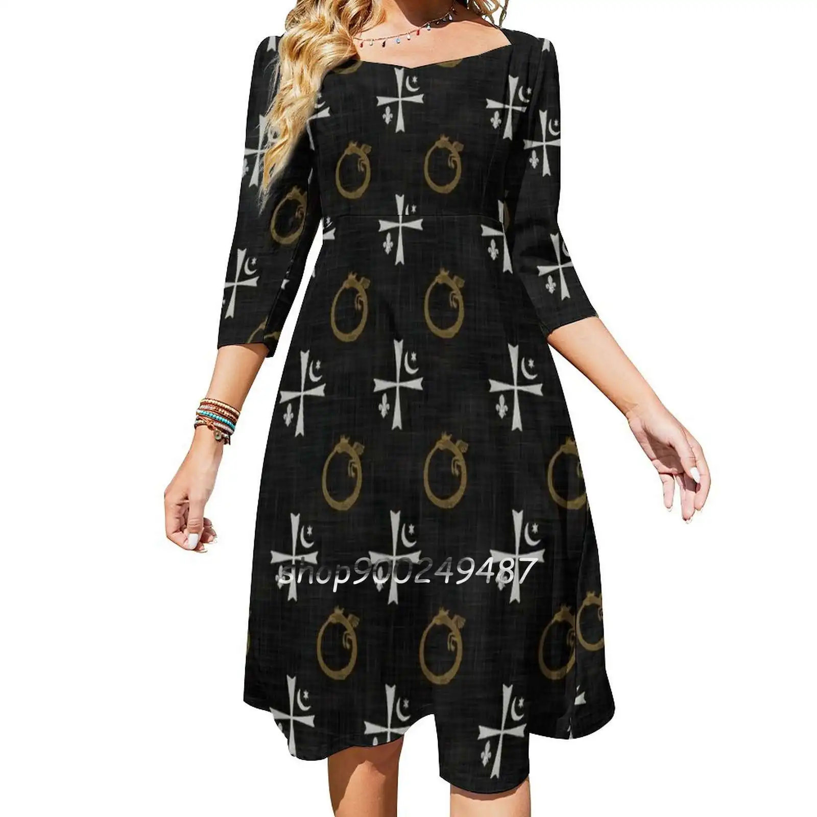 Cross , Fleur De Lis , Ouroboros Square Neck Dress New Plus Size Elegant Women Waist Tight Dress Witch Vampire Daemon