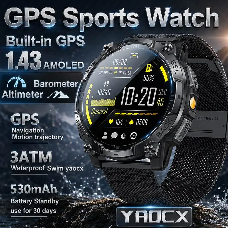 

2026 New Military GPS SmartWatch 3ATM Waterproof Compass Altimeter 530mAh Bluetooth Call Health Monitoring Men Sports SmartWatch