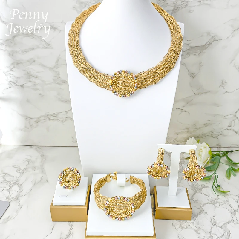 

Витая веревка с бусинами, дизайн Дубая, 18-каратный позолоченный комплект ювелирных изделий для женщин, ожерелье, серьги, браслет, кольцо, свадебные подарки для свадебной вечеринки