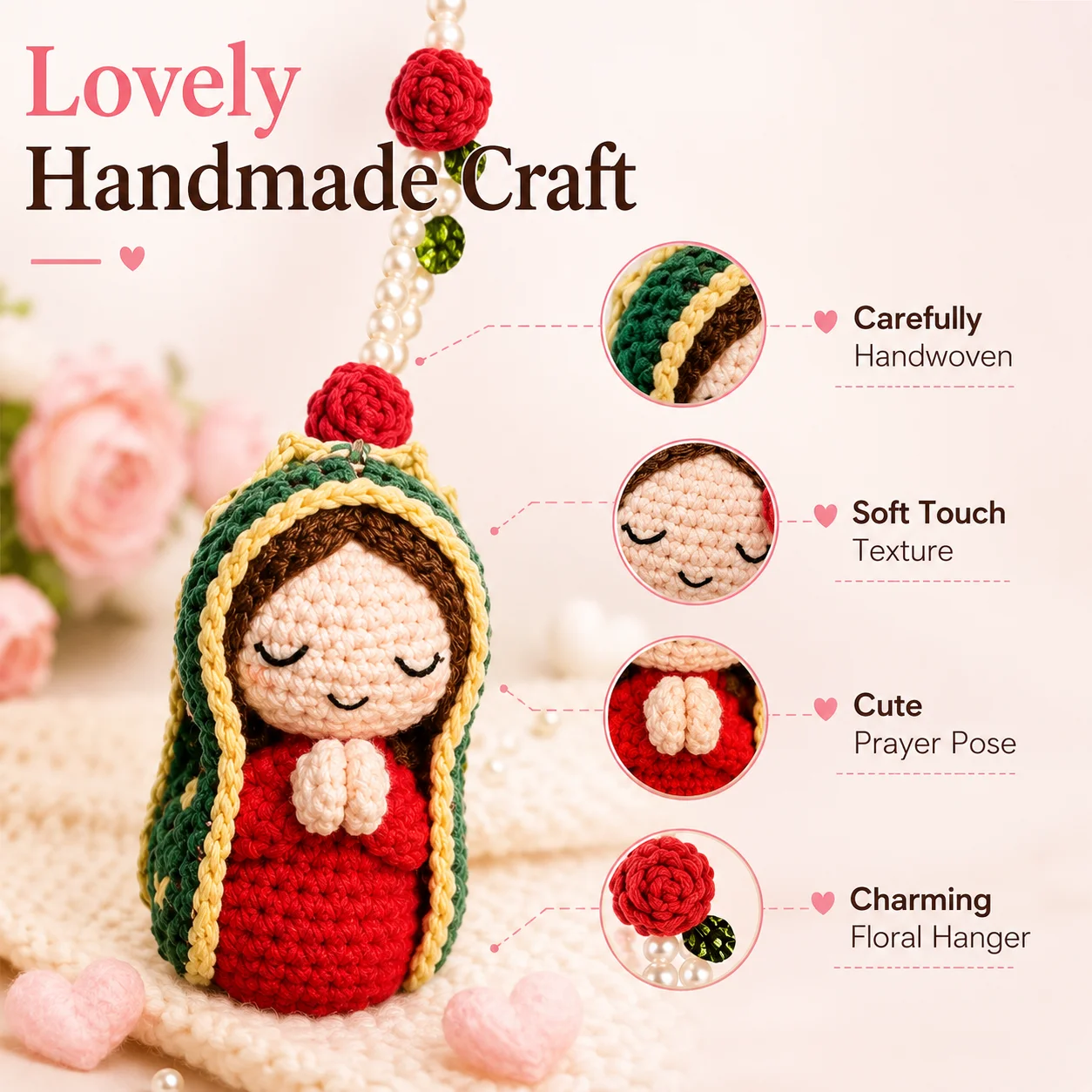 Finished Handwoven Doll Car Rearview Mirror Pendant Cute Knitted Hanging Ornament Handmade Crochet Gift for Women GirlsCar Decor