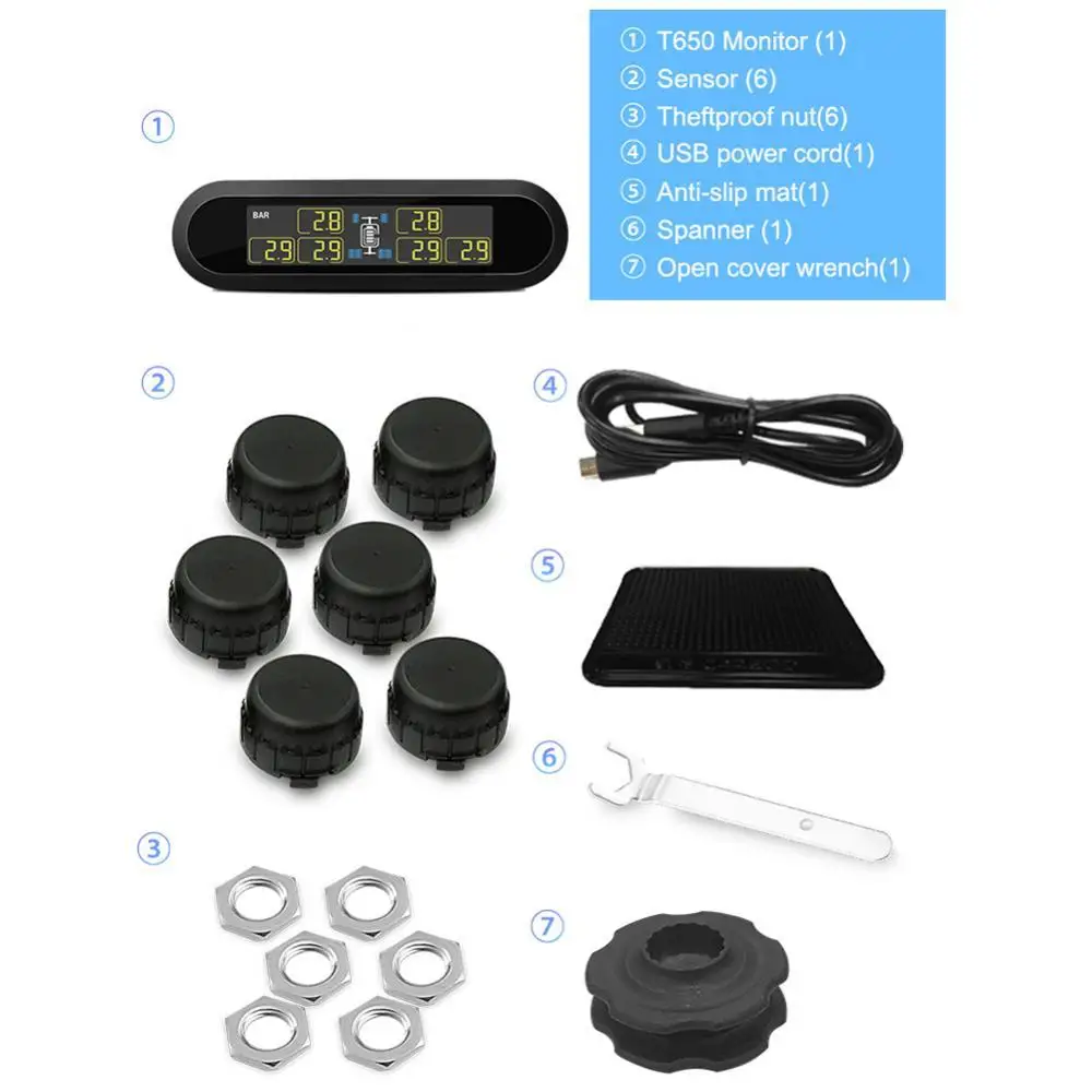 

Mini Car Tire Pressure Monitoring System USB TPMS LCD Display Wireless Auto Security Alarm Systems With 6 Pcs External Sensor