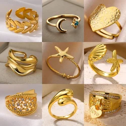 Stainless Steel Rings for Women Open Gold Color Starfish Ring Heart Leaves Band Waterproof Couple Jewelry free shipping anillos