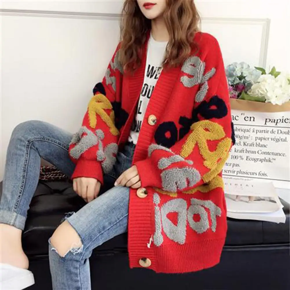 

Front Placket Cardigan Cardigan Cozy Knitted Sweater Coat for Women Mid Length Loose Cardigan Jacket with Letter for Ladies