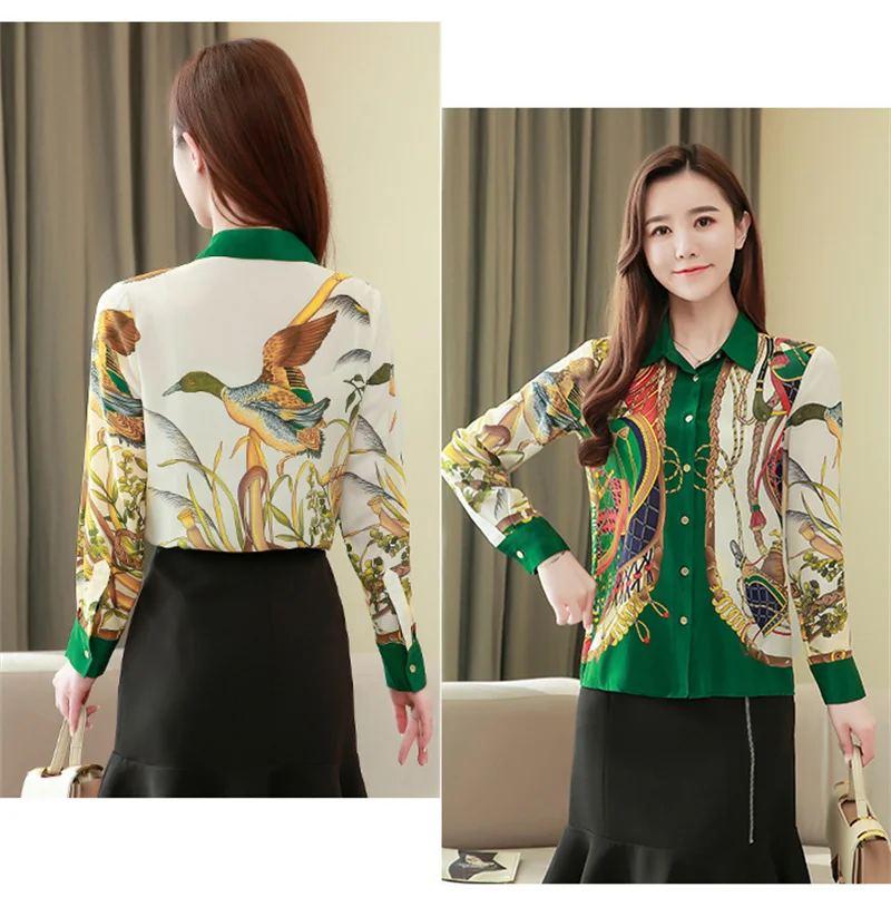 FANIECES S-3XL ropa de mujer Green Print Retro Shirt Women Blouse Elegant Spring Polo Long Sleeve Single Breasted Office 6112