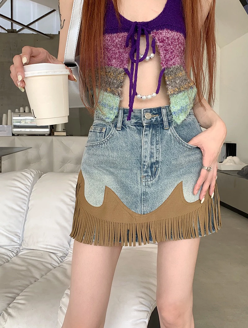 

2023 Women Summer Retro Tassel Design Denim Skirt Korea Style Patchwork Short Skirts