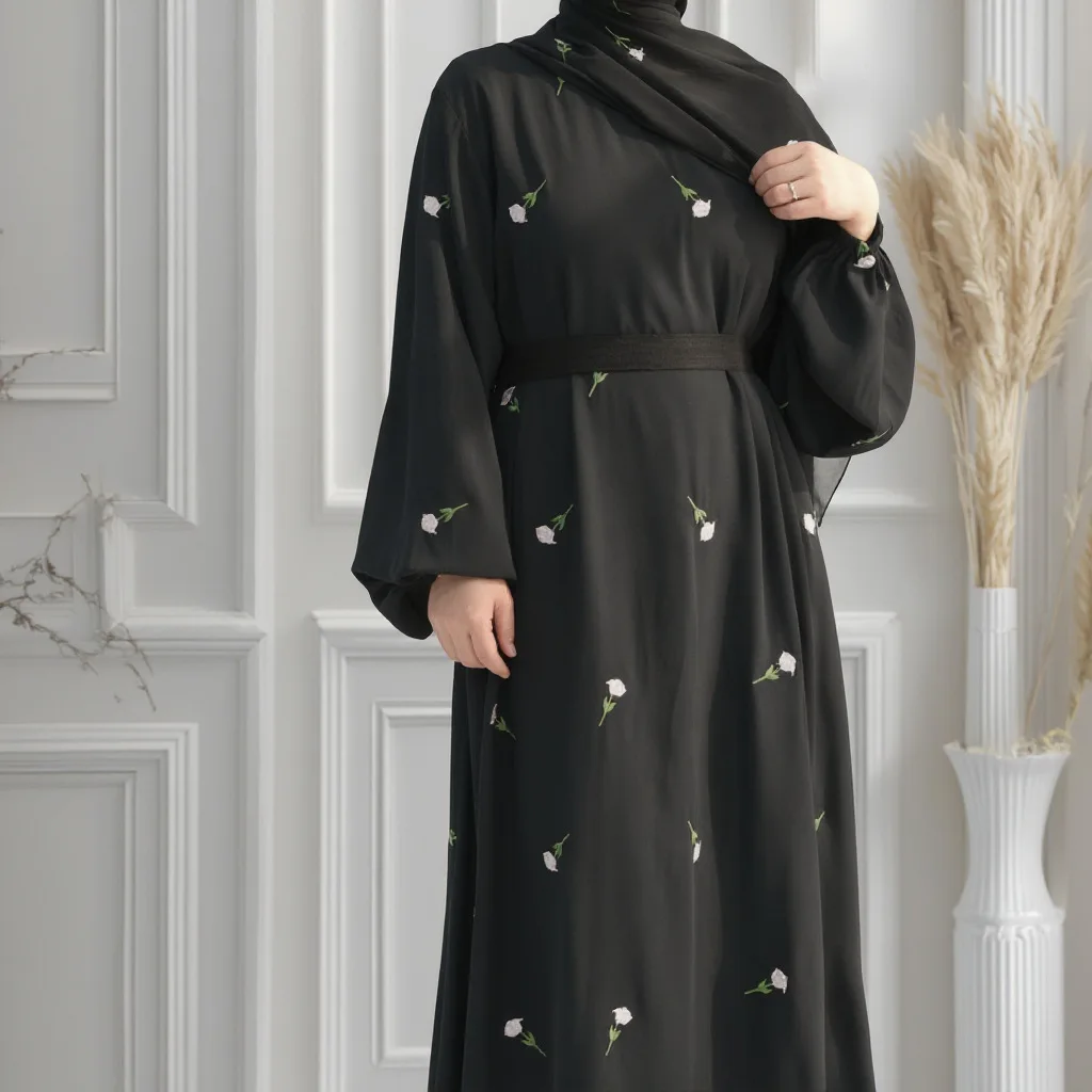 Dubai Turkey Muslim Women Long Maxi Loose Dress Flower Embroidered Dress Abaya Robe