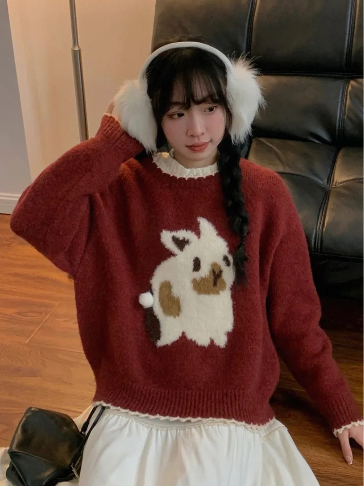 Wine Red Christmas Rabbit Sweater Female Pullover Kintwear Autumn Winter Cute Knitted Gentle Tie Top New Year Chic Clothes