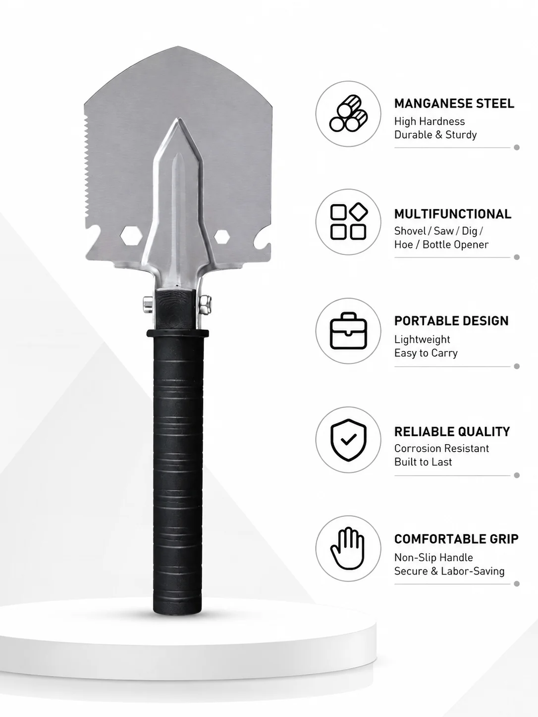 Multifunctional Camping Shovel Manganese Steel Portable Hand Trowel with Saw Edge, Hoe and Bottle Opener for Outdoor Gardening